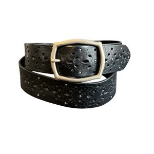 Vintage Y2K Black Leather Belt Laser Cut Perforated Studded Womens Medium Large